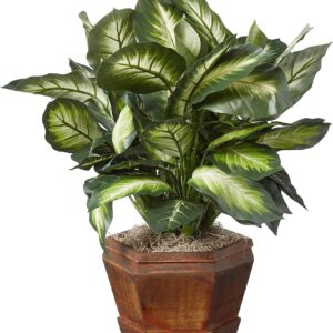 Artificial Dieffenbachia Plant with Decorative Wooden Planter - Image 4