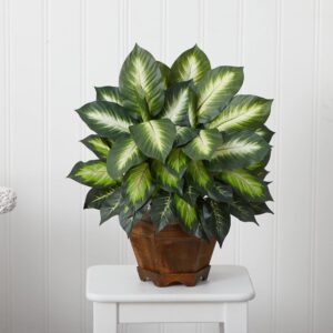 Artificial Dieffenbachia Plant with Decorative Wooden Planter - Image 6