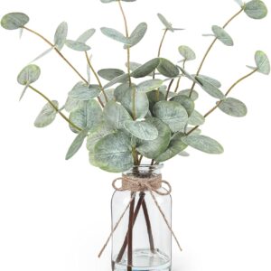 Artificial Green Eucalyptus Stems in Clear Glass Vase with Faux Water
