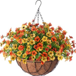 Artificial Silk Flowers Hanging Baskets Outdoors Indoors, Daisy With Eucalyptus Leaves Arrangement For Garden Yard Spring Summer Decor Faux Green - Image 12