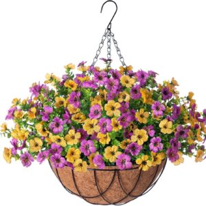 Artificial Silk Flowers Hanging Baskets Outdoors Indoors, Daisy With Eucalyptus Leaves Arrangement For Garden Yard Spring Summer Decor Faux Green - Image 13