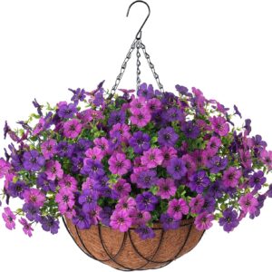 Artificial Silk Flowers Hanging Baskets Outdoors Indoors, Daisy With Eucalyptus Leaves Arrangement For Garden Yard Spring Summer Decor Faux Green