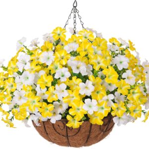 Inspring Artificial Faux Hanging Flowers Basket For Outdoors, Fake Hanging Plants Silk Petunias In Planter Uv Resistants Outdoor Hanging Flowers - Image 10