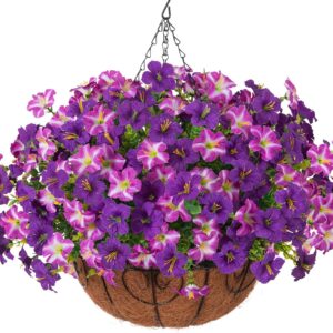 Inspring Artificial Faux Hanging Flowers Basket For Outdoors, Fake Hanging Plants Silk Petunias In Planter Uv Resistants Outdoor Hanging Flowers - Image 11