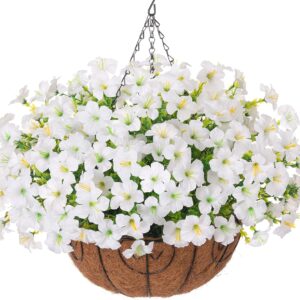 Inspring Artificial Faux Hanging Flowers Basket For Outdoors, Fake Hanging Plants Silk Petunias In Planter Uv Resistants Outdoor Hanging Flowers - Image 13