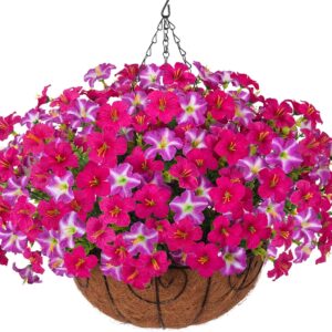 Inspring Artificial Faux Hanging Flowers Basket For Outdoors, Fake Hanging Plants Silk Petunias In Planter Uv Resistants Outdoor Hanging Flowers - Image 14