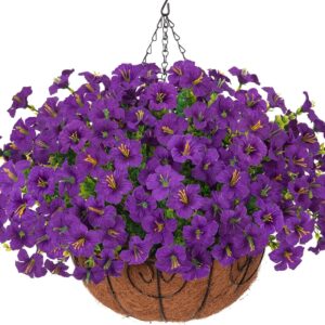 Inspring Artificial Faux Hanging Flowers Basket For Outdoors, Fake Hanging Plants Silk Petunias In Planter Uv Resistants Outdoor Hanging Flowers - Image 15
