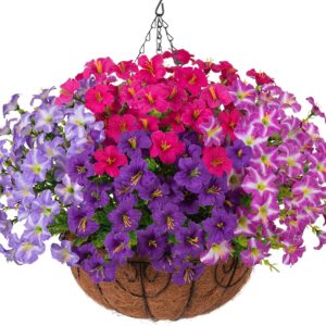 Inspring Artificial Faux Hanging Flowers Basket For Outdoors, Fake Hanging Plants Silk Petunias In Planter Uv Resistants Outdoor Hanging Flowers