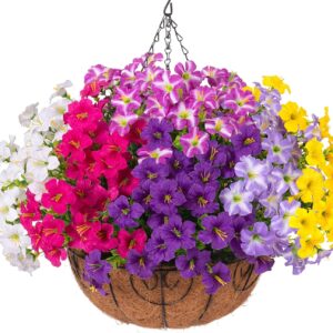 Inspring Artificial Faux Hanging Flowers Basket For Outdoors, Fake Hanging Plants Silk Petunias In Planter Uv Resistants Outdoor Hanging Flowers - Image 9