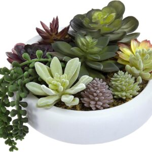 Mygift 8 Inch Round Modern Artificial Succulent Arrangement Potted In Gray Concrete Plant Bowl, Assorted Faux Mini Succulents In A - Image 10