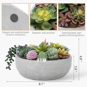 Mygift 8 Inch Round Modern Artificial Succulent Arrangement Potted In Gray Concrete Plant Bowl, Assorted Faux Mini Succulents In A - Image 2