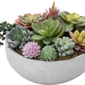 Mygift 8 Inch Round Modern Artificial Succulent Arrangement Potted In Gray Concrete Plant Bowl, Assorted Faux Mini Succulents In A