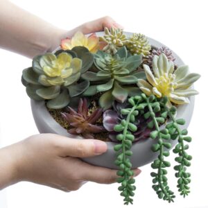 Mygift 8 Inch Round Modern Artificial Succulent Arrangement Potted In Gray Concrete Plant Bowl, Assorted Faux Mini Succulents In A - Image 6