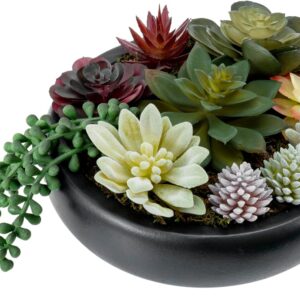 Mygift 8 Inch Round Modern Artificial Succulent Arrangement Potted In Gray Concrete Plant Bowl, Assorted Faux Mini Succulents In A - Image 8