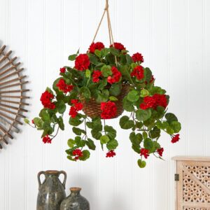Nearly Natural 24in Artificial Geranium Hanging Basket Faux Floral Plant For Indoor Home Porch Decor, Red Product - Image 2