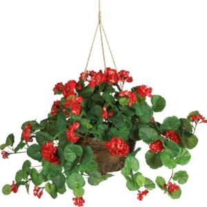 Nearly Natural 24in Artificial Geranium Hanging Basket Faux Floral Plant For Indoor Home Porch Decor, Red Product